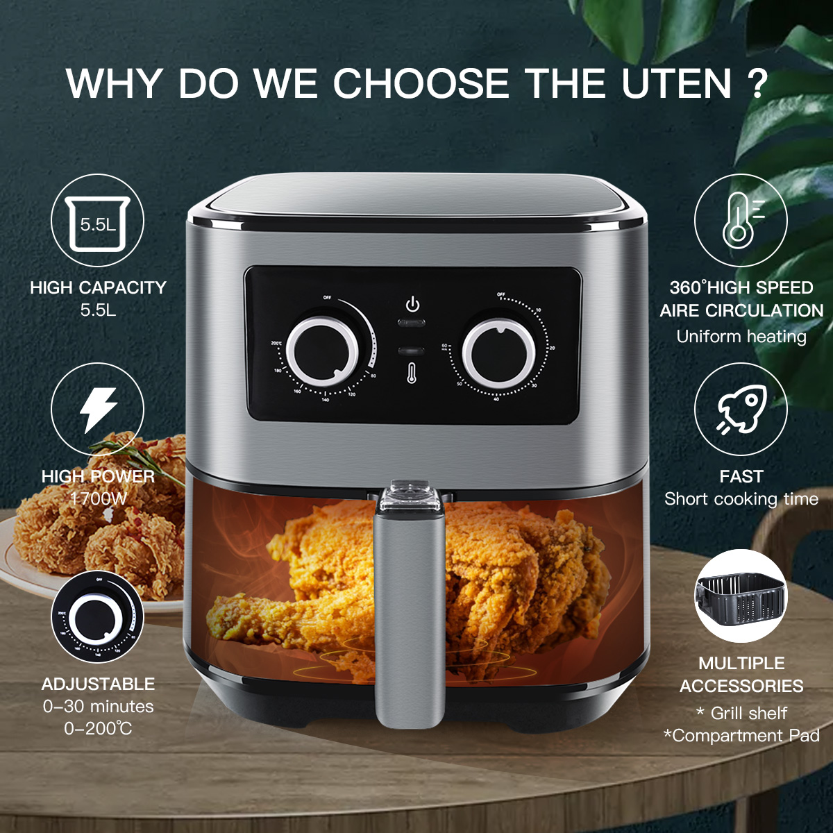 Uten Air Fryer 5.5L Oil Free Low Fat Healthy Cooker Oven 1700W Kitchen