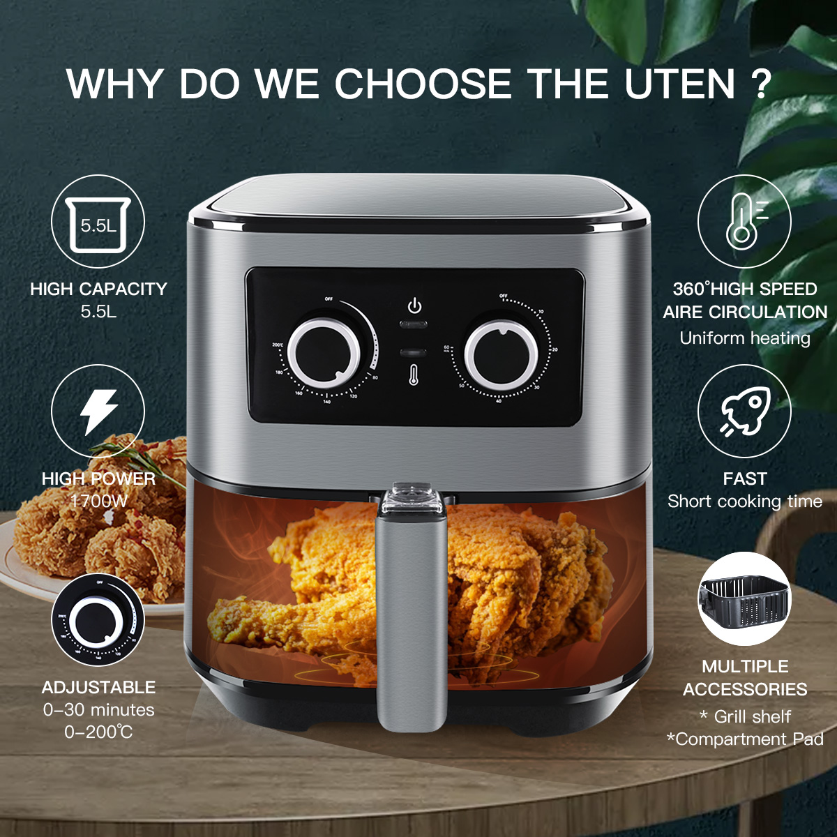 Uten 5.5L Air Fryer Oven 1700W Low Fat Healthy Cooker Kitchen Frying Oil Free XL