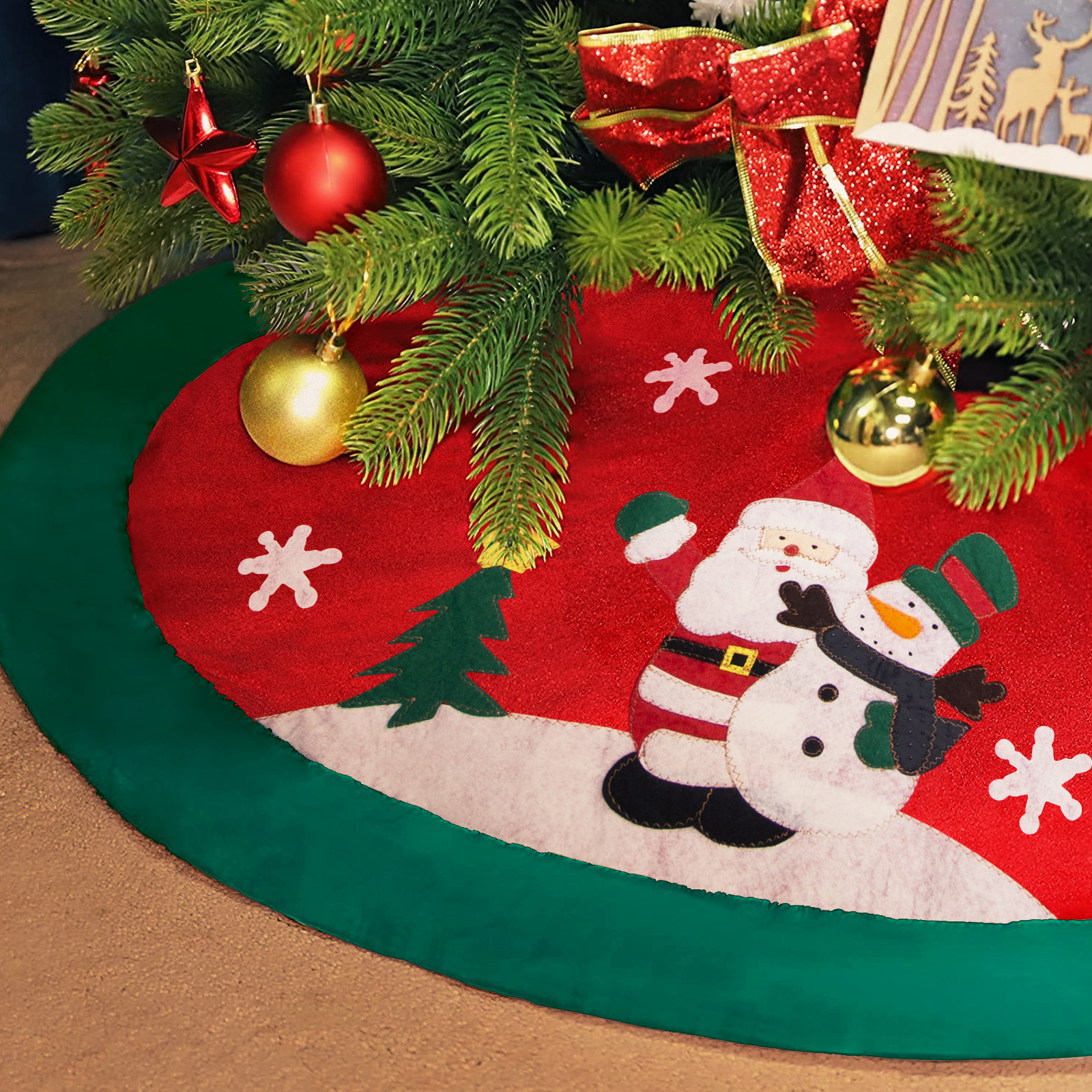 48 Inch Christmas Tree Skirt - Red & Green Plush Mat With Santa, Deer & Snowman Design, Soft & Reusable Holiday Decor For Indoor/Outdoor - View #6