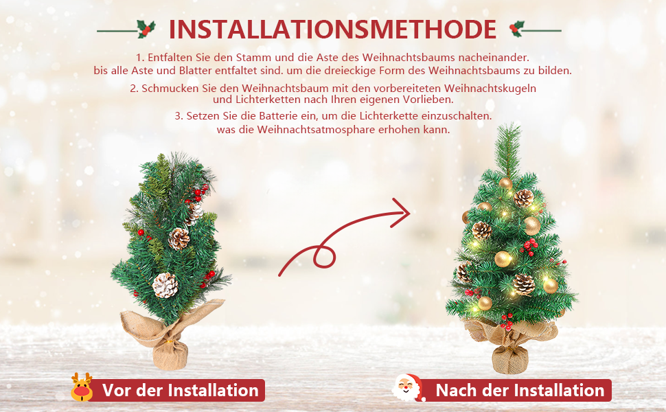 60 Cm Mini-Weihnachtsbaum Künstlich Mit Ornamenten & LED-Lichterkette | Tischdeko Für Zuhause, Büro, Esstisch | DIY Weihnachtsdekoration