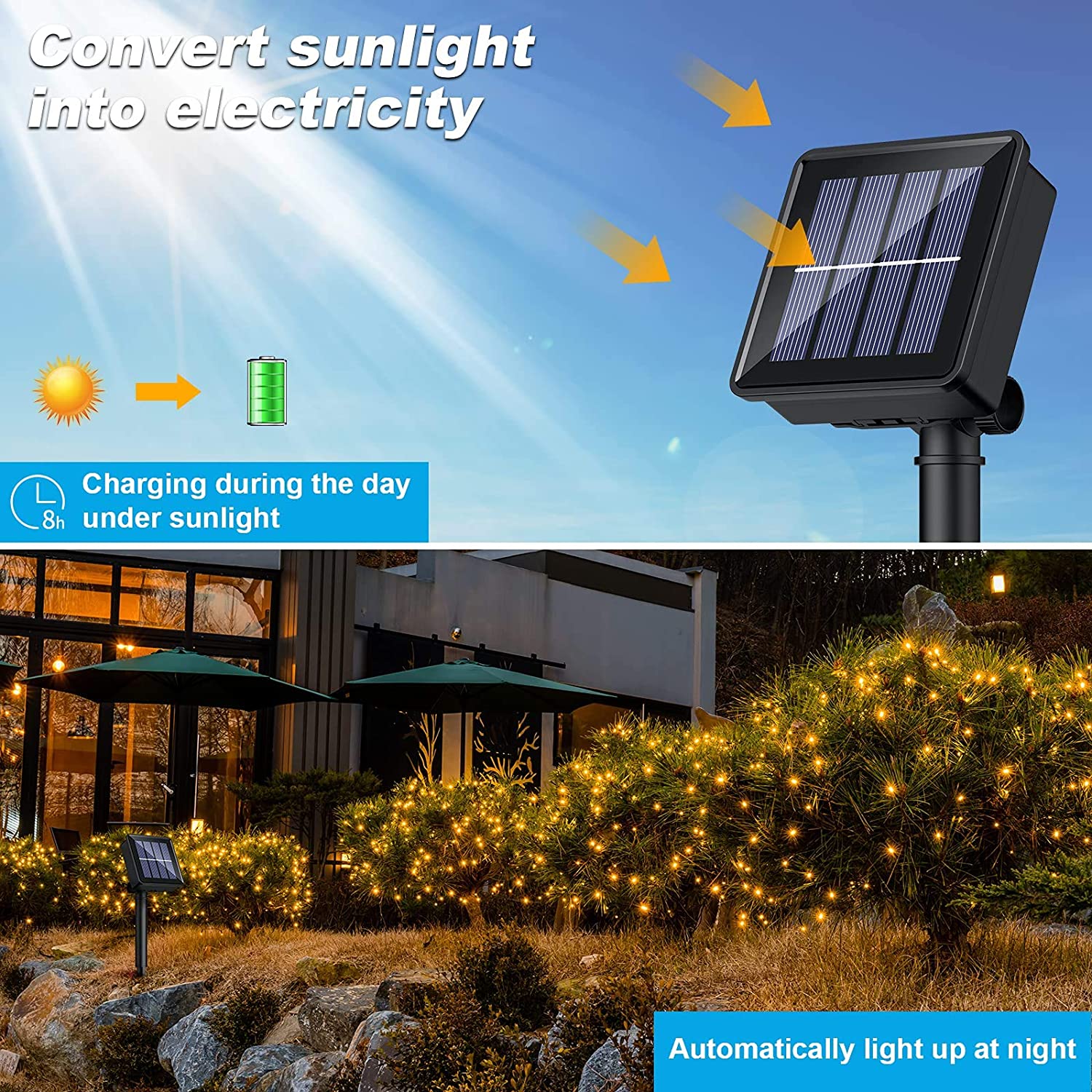 2X 100LED Solar Lichterkette Kupferdraht Außen Garten Beleuchtung 8